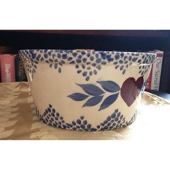 Vintage Bowl w Blue Sponge Glaze & Red Heart / Heavy Stoneware 8.25"D x 4"H 80s - Picture 3 of 12